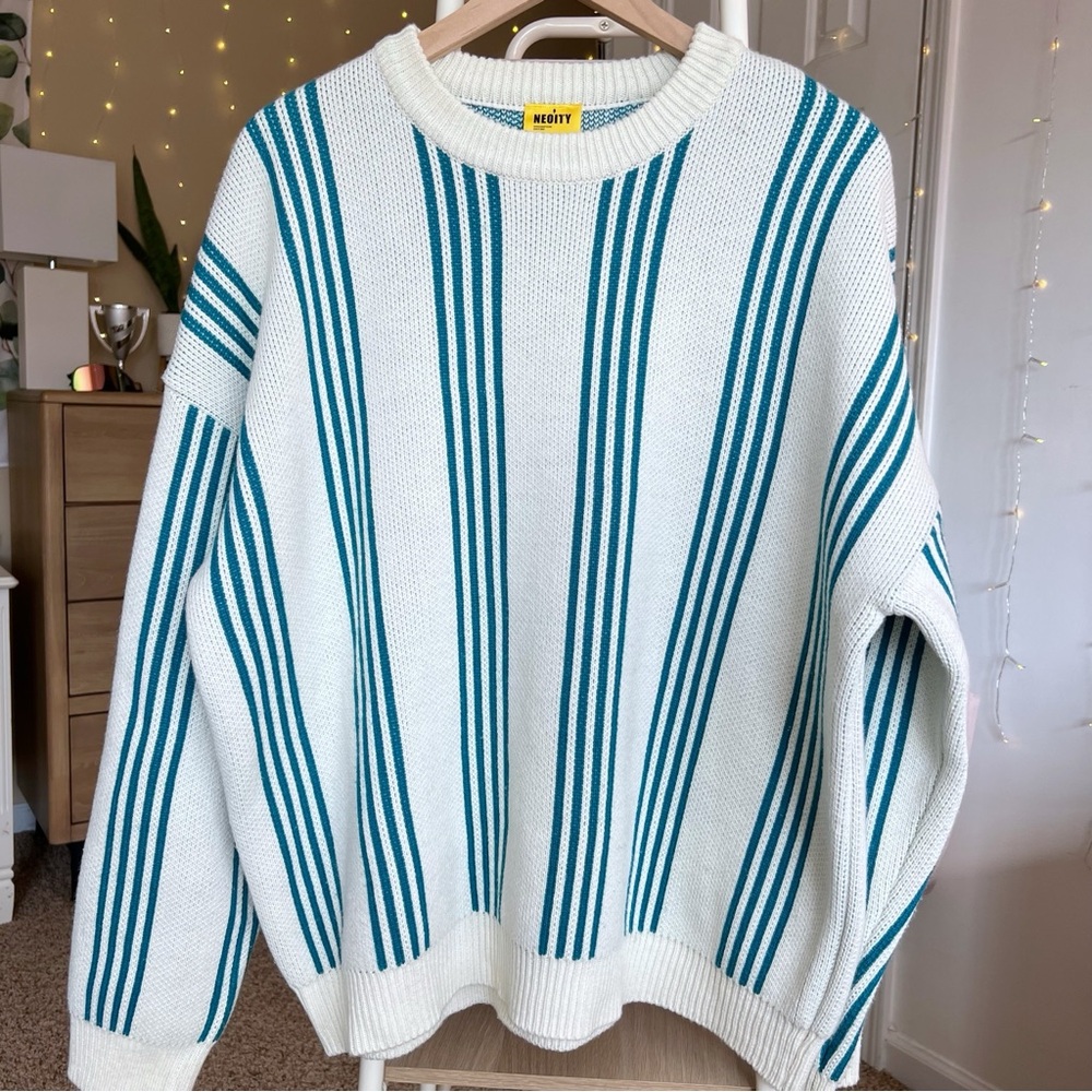 NEOITY Vintage White Knit Pullover Sweater Coastal Turquoise Stripes One Size